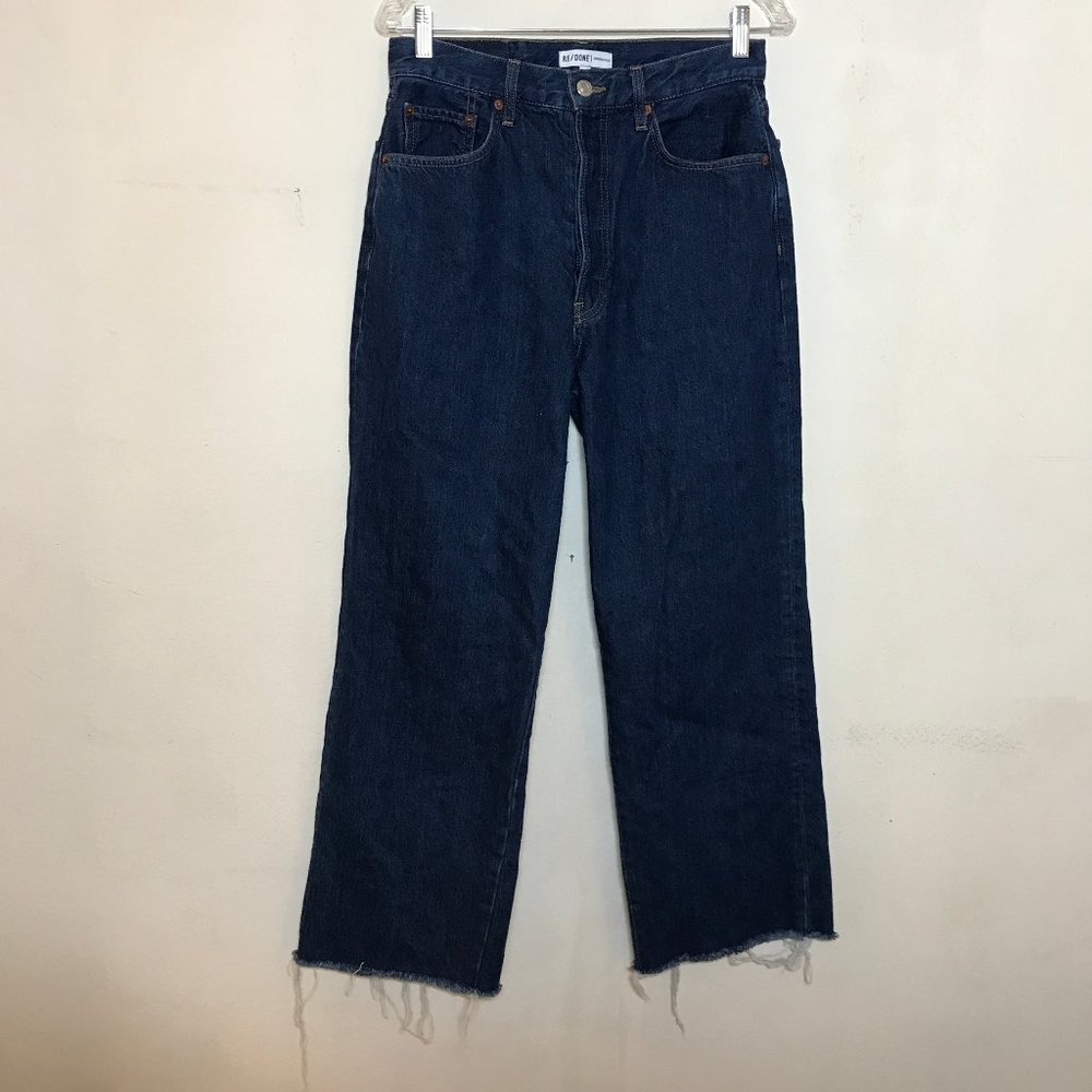 REDONE Wide Leg Crop Button Fly High Rise Raw Hem Boho Dark Wash Jeans Size 29
